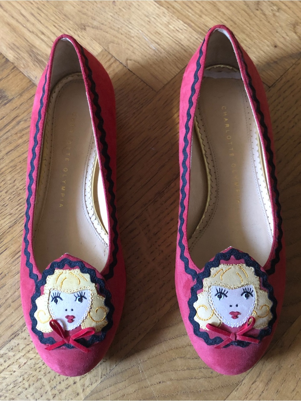 Charlotte Olympia Red Suede Flats with Blonde Face Appliqué